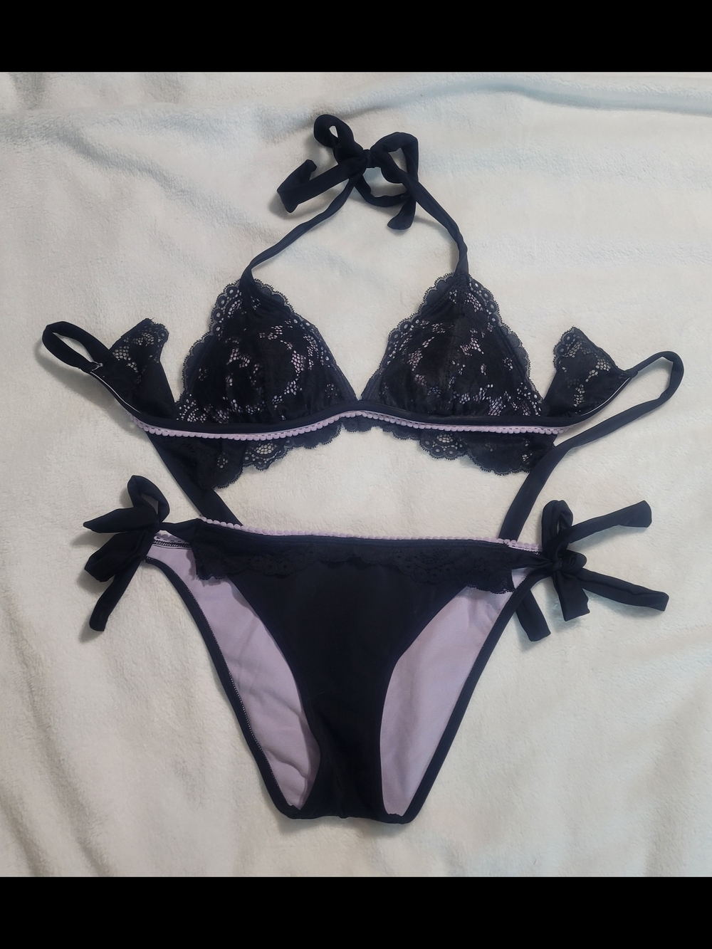 Adore Me Lace Triangle Bikini Set in Black and Light Lavender Size Med